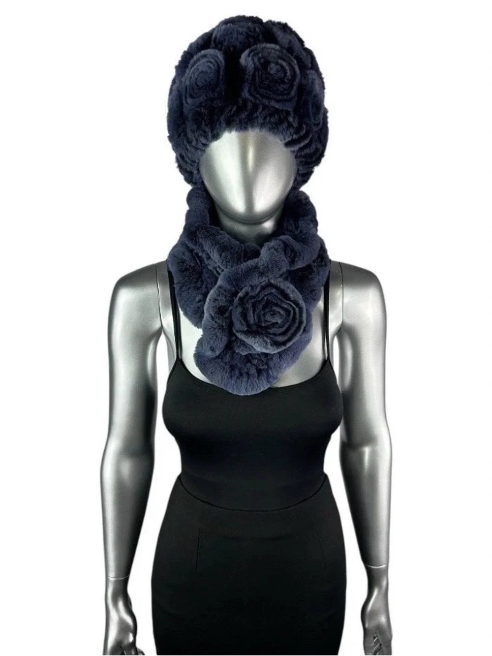 Blue REX RABBIT Hat & Scarf w/Rosettes,Sz 21”-23” Stretch, Certified Vintage Fur